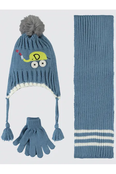 Ensemble écharpe, bonnet et gants pour garçon de 6 à 9 ans, couleur pétrole clair - Emballage