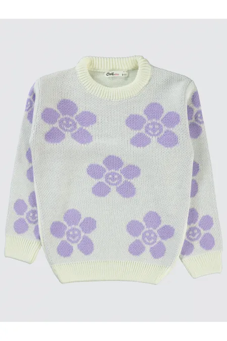 Pull pour fille de 6 à 9 ans, écru-lilas - Emballage