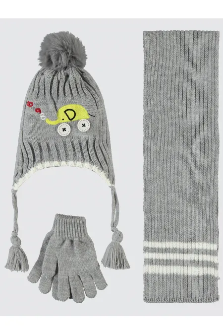 Ensemble écharpe, bonnet et gants pour garçon de 6 à 9 ans, gris clair - Emballage
