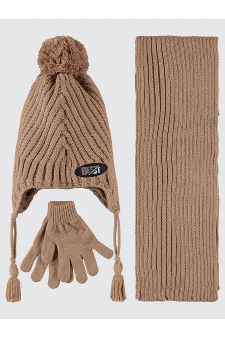 Ensemble écharpe, bonnet et gants pour garçon de 6 à 9 ans, marron clair - Emballage