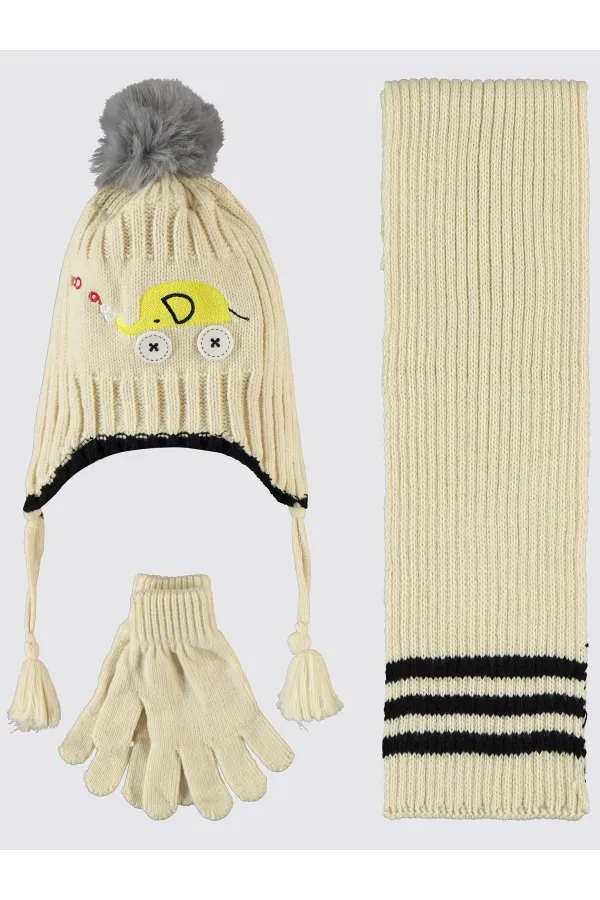 Erkek Çocuk Atkı Bere Eldiven Setleri 6-9 Yaş Beyaz - Paket