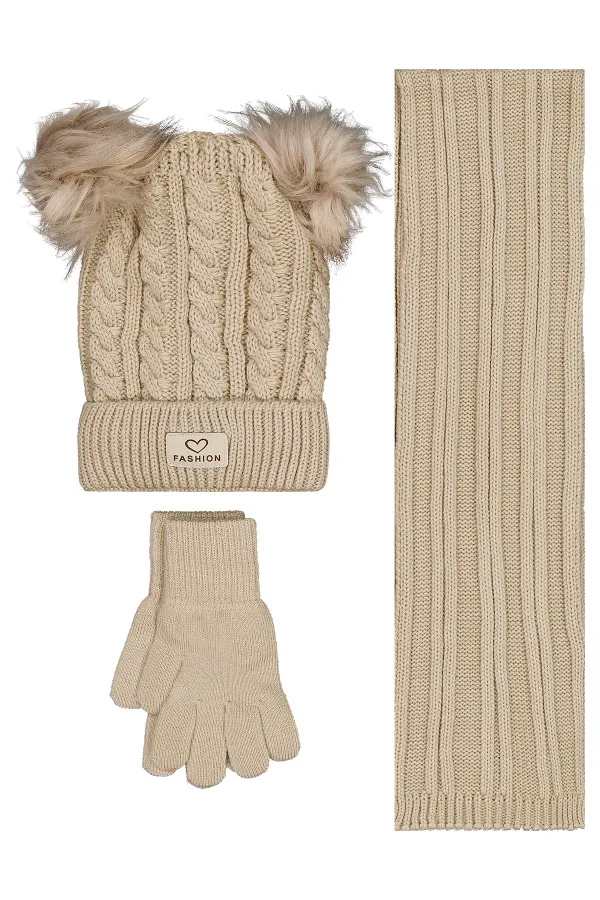 Kız Çocuk Atkı Bere Eldiven Setleri 6-9 Yaş Bej - Paket