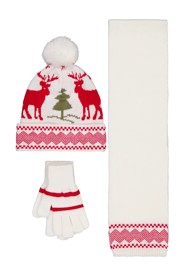 Kız Çocuk Atkı Bere Eldiven Setleri 6-9 Yaş Ekru - Paket