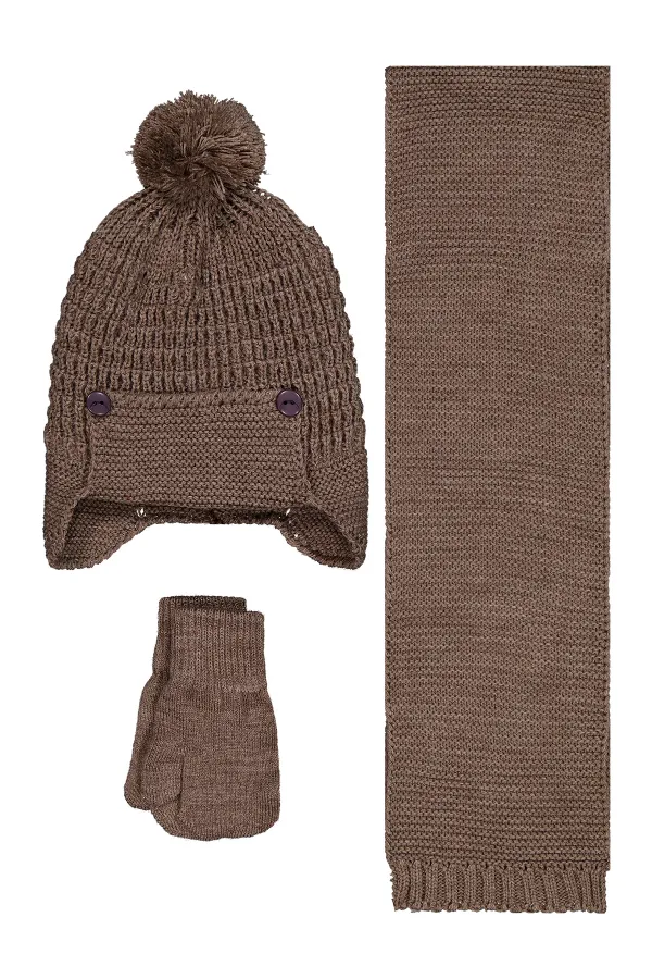 Bebek Atkı Bere Eldiven Setleri 0-24 Ay Kahverengi - Paket