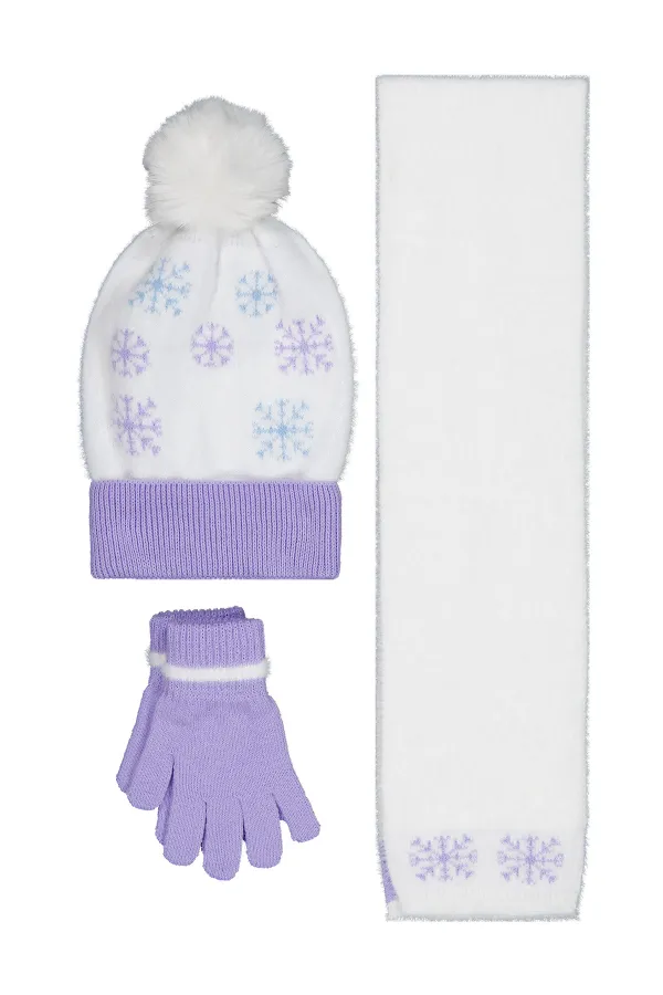 Kız Çocuk Atkı Bere Eldiven Setleri 2-5 Yaş Beyaz-Lila - Paket