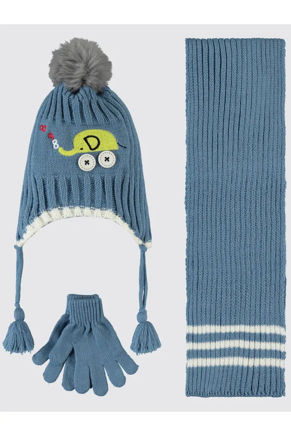Ensemble écharpe, bonnet et gants pour garçon de 6 à 9 ans, couleur pétrole clair - Emballage
