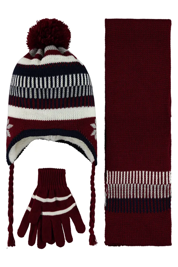 Ensemble écharpe, bonnet et gants pour garçon de 10 à 13 ans, bordeaux - Emballage
