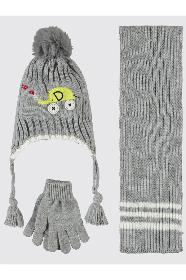 Erkek Çocuk Atkı Bere Eldiven Setleri 6-9 Yaş Açık Gri - Paket