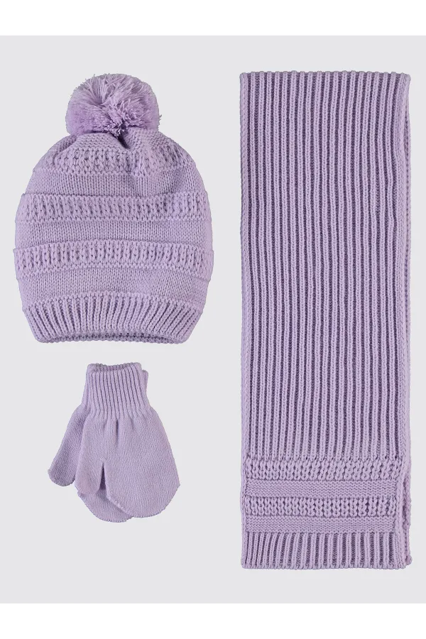 Kız Çocuk Atkı Bere Eldiven Setleri 2-5 Yaş Lila - Paket