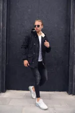 Manteau épais imperméable à capuche pour homme, doublé de fausse fourrure noire