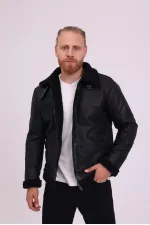 Erkek Siyah Suni Kürk Detaylı Deri Mont -FN204440