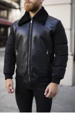 Men's Black Coat with Fur Collar - FN10020