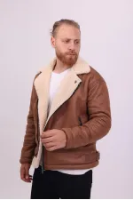 Erkek Taba Suni Kürk Detaylı Deri Mont -FN204430