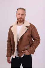 Erkek Taba Suni Kürk Detaylı Deri Mont -FN204430