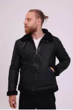 Erkek Siyah Suni Kürk Detaylı Deri Mont -FN204440