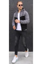 Men's Grey Two-Tone Hooded Suede Jacket
