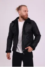 Erkek Siyah Suni Kürk Detaylı Deri Mont -FN204440