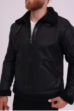 Erkek Siyah Suni Kürk Detaylı Deri Mont -FN204440