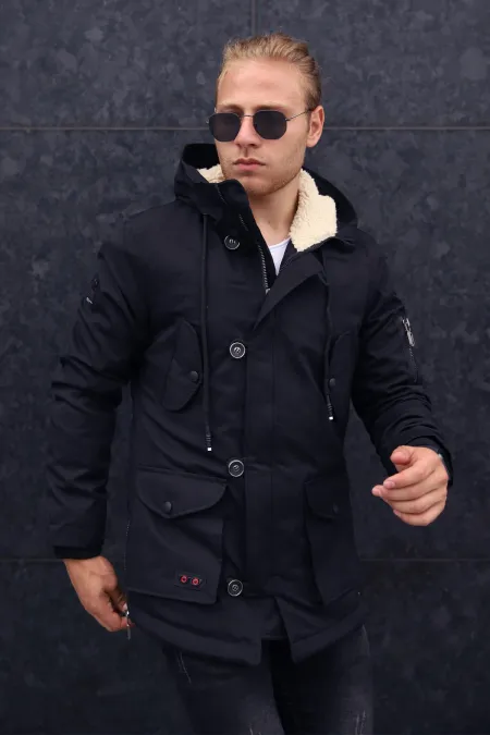 Manteau épais imperméable à capuche pour homme, doublé de fausse fourrure noire
