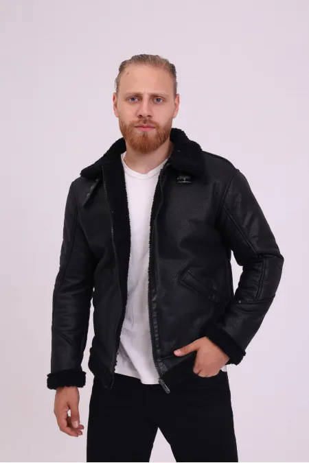 Veste en cuir noir pour homme avec détails en fausse fourrure - FN204440