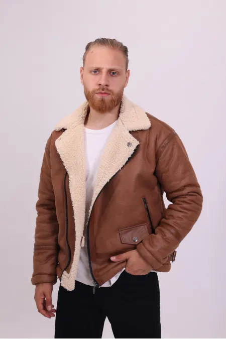 Veste en cuir beige pour homme avec détails en fausse fourrure - FN204430
