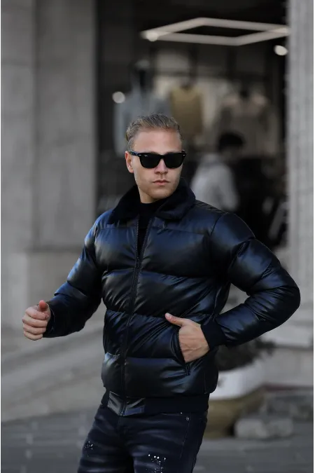 Veste en cuir matelassé brillant coupe slim pour homme