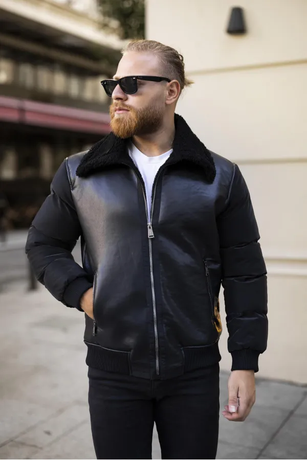 Men's Black Coat with Fur Collar - FN10020