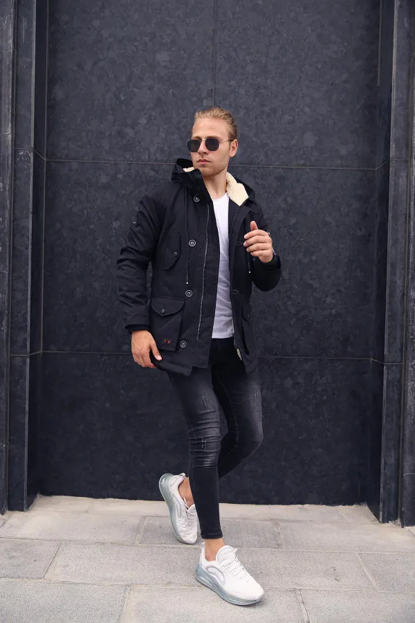 Manteau épais imperméable à capuche pour homme, doublé de fausse fourrure noire