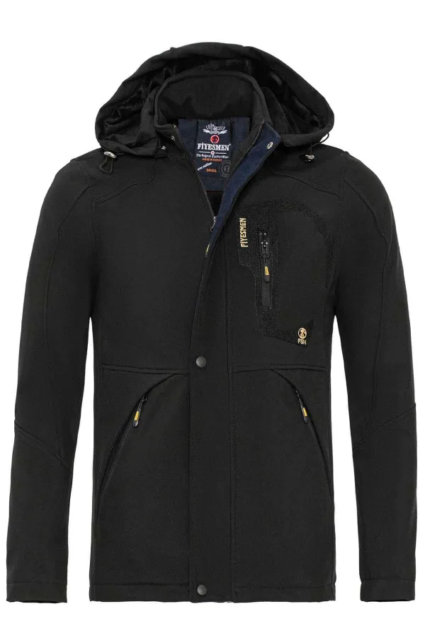Fur-lined, waterproof and windproof black softshell winter coat for men.