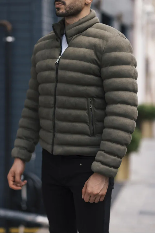 Veste homme en nubuck suédé kaki à col montant - FN20550