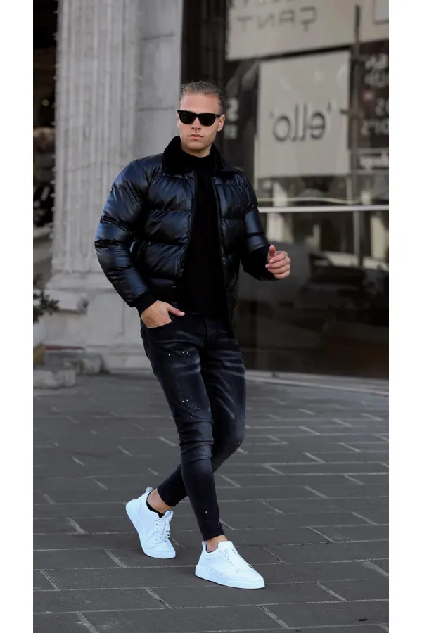 Veste en cuir matelassé brillant coupe slim pour homme