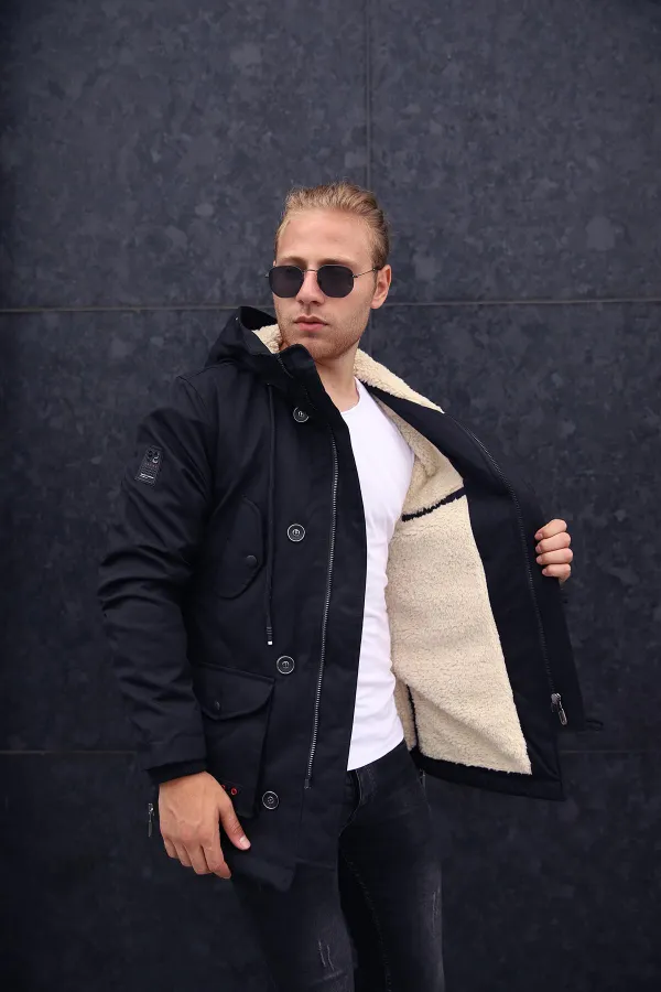 Manteau épais imperméable à capuche pour homme, doublé de fausse fourrure noire