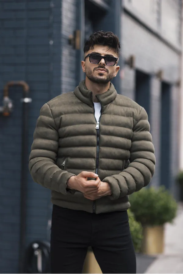 Veste homme en nubuck suédé kaki à col montant - FN20550