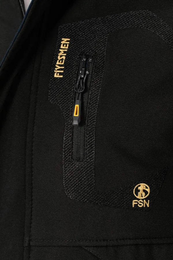 Fur-lined, waterproof and windproof black softshell winter coat for men.