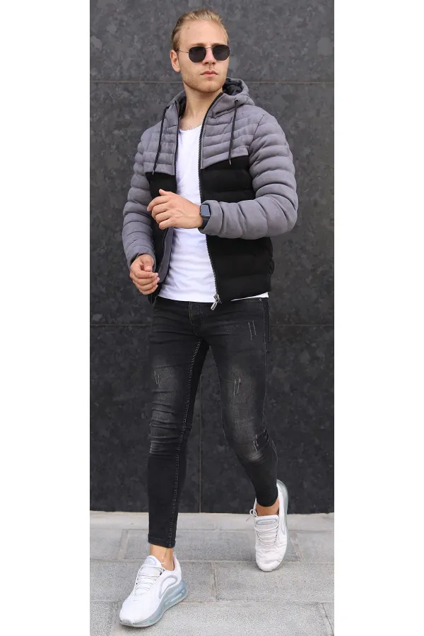Men's Grey Two-Tone Hooded Suede Jacket