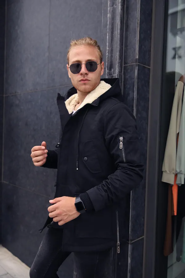 Manteau épais imperméable à capuche pour homme, doublé de fausse fourrure noire