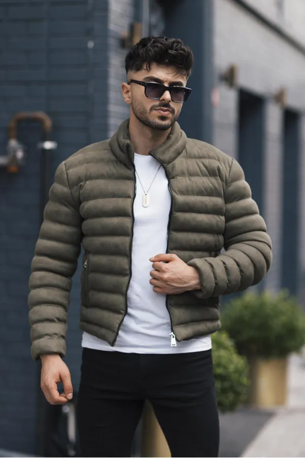 Veste homme en nubuck suédé kaki à col montant - FN20550