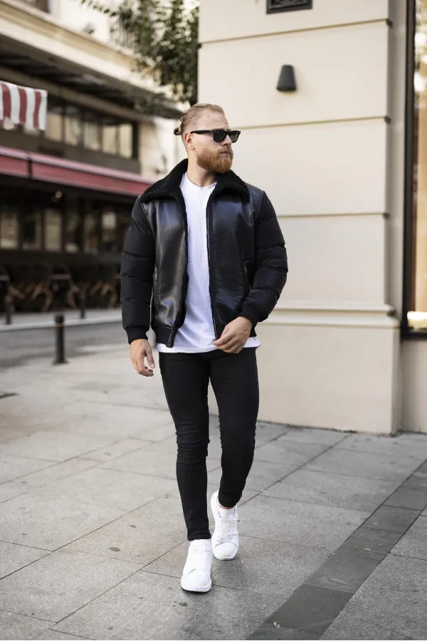 Men's Black Coat with Fur Collar - FN10020