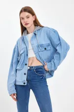 Unisex Pamuklu Büyük Cepli Oversize Kapüşonlu Kot Ceket