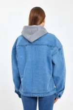 Unisex Pamuklu Büyük Cepli Oversize Kapüşonlu Kot Ceket