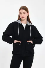 Veste en jean à capuche unisexe en coton avec col polo zippé