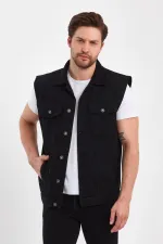 Gilet en jean à col polo imprimé texte pour homme
