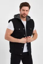 Erkek Yazı Baskılı Kapüşonlu Kot Yelek