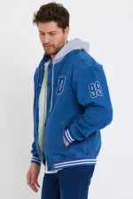 Veste universitaire en jean à capuche en coton et doublure en fourrure pour homme