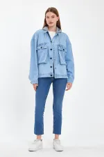 Unisex Pamuklu Büyük Cepli Oversize Kapüşonlu Kot Ceket