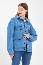 Unisex Pamuklu Büyük Cepli Oversize Kapüşonlu Kot Ceket