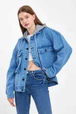 Unisex Pamuklu Büyük Cepli Oversize Kapüşonlu Kot Ceket