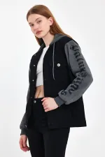 Unisex Pamuklu Yazı Baskılı Kapüşonlu Kot Ceket