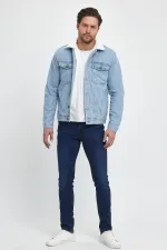 Veste en jean à col polo en coton pour homme avec doublure en fourrure