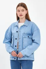 Veste en jean unisexe en coton avec col polo oversize et grandes poches